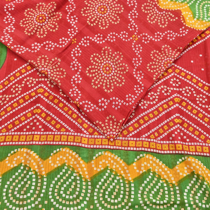 Indian Vintage Sari Red & Green Pure Cotton Bandhani Printed Sarees Fabric 5yd Sewing Craft Fabric DressMaking Soft Crafting Quilting