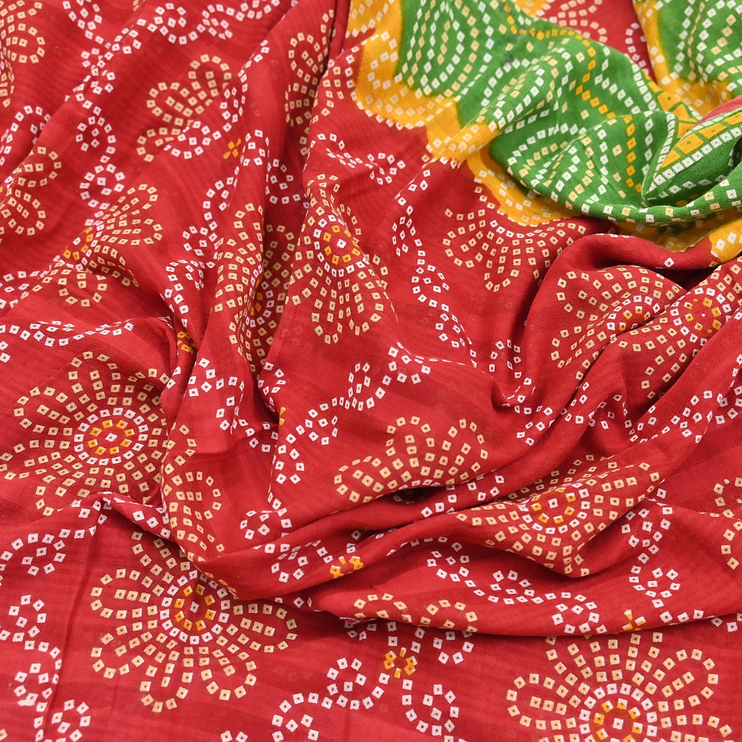 Indian Vintage Sari Red & Green Pure Cotton Bandhani Printed Sarees Fabric 5yd Sewing Craft Fabric DressMaking Soft Crafting Quilting