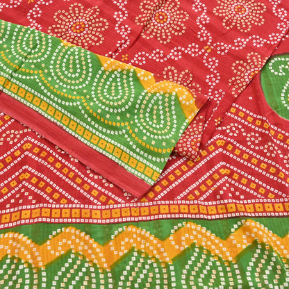 Indian Vintage Sari Red & Green Pure Cotton Bandhani Printed Sarees Fabric 5yd Sewing Craft Fabric DressMaking Soft Crafting Quilting