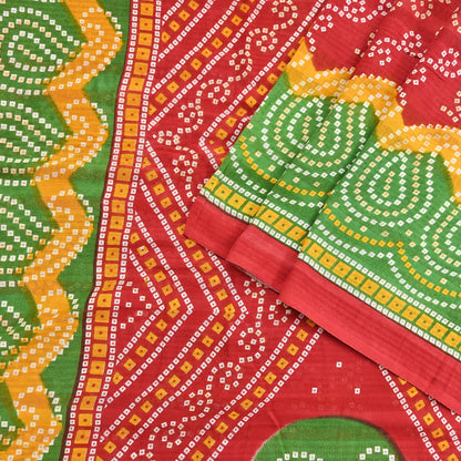 Indian Vintage Sari Red & Green Pure Cotton Bandhani Printed Sarees Fabric 5yd Sewing Craft Fabric DressMaking Soft Crafting Quilting