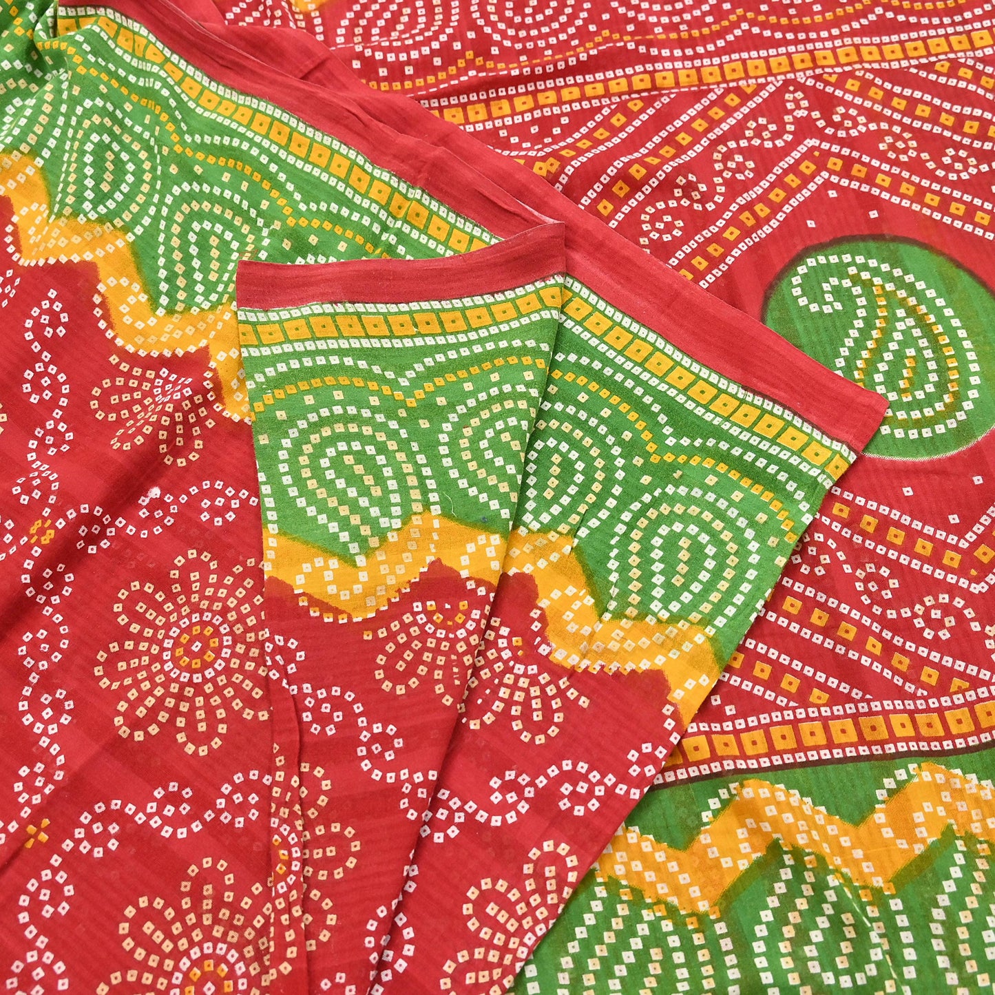 Indian Vintage Sari Red & Green Pure Cotton Bandhani Printed Sarees Fabric 5yd Sewing Craft Fabric DressMaking Soft Crafting Quilting