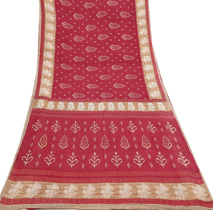 Indian Vintage Red & Beige Saree Printed 100% Pure Cotton Sari Craft Fabric 5Yd Soft Sewing Sarong Wrap Dress Making Quilting Crafting
