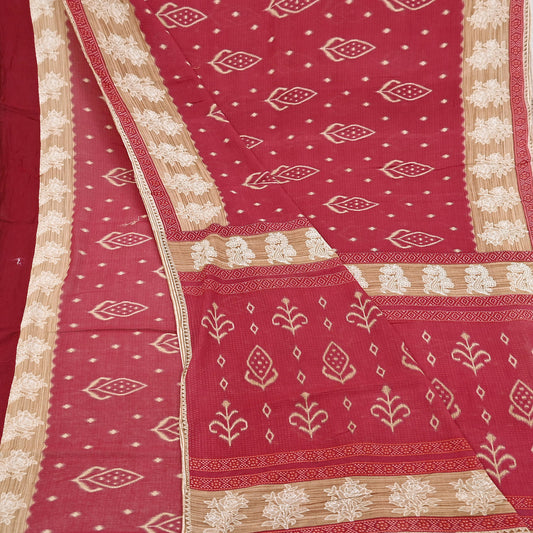 Indian Vintage Red & Beige Saree Printed 100% Pure Cotton Sari Craft Fabric 5Yd Soft Sewing Sarong Wrap Dress Making Quilting Crafting