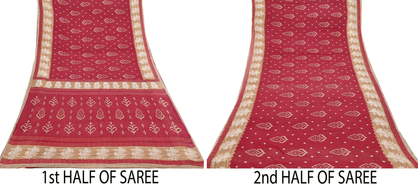 Indian Vintage Red & Beige Saree Printed 100% Pure Cotton Sari Craft Fabric 5Yd Soft Sewing Sarong Wrap Dress Making Quilting Crafting