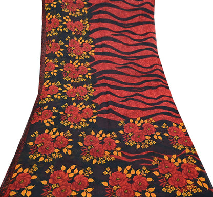 Indian Vintage Sari Red & Black Printed 100% Pure Cotton Sarees Craft Fabric 5Yard Sewing Sarong Wrap Boho Floral Dress making Quilting Soft
