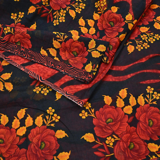 Indian Vintage Sari Red & Black Printed 100% Pure Cotton Sarees Craft Fabric 5Yard Sewing Sarong Wrap Boho Floral Dress making Quilting Soft