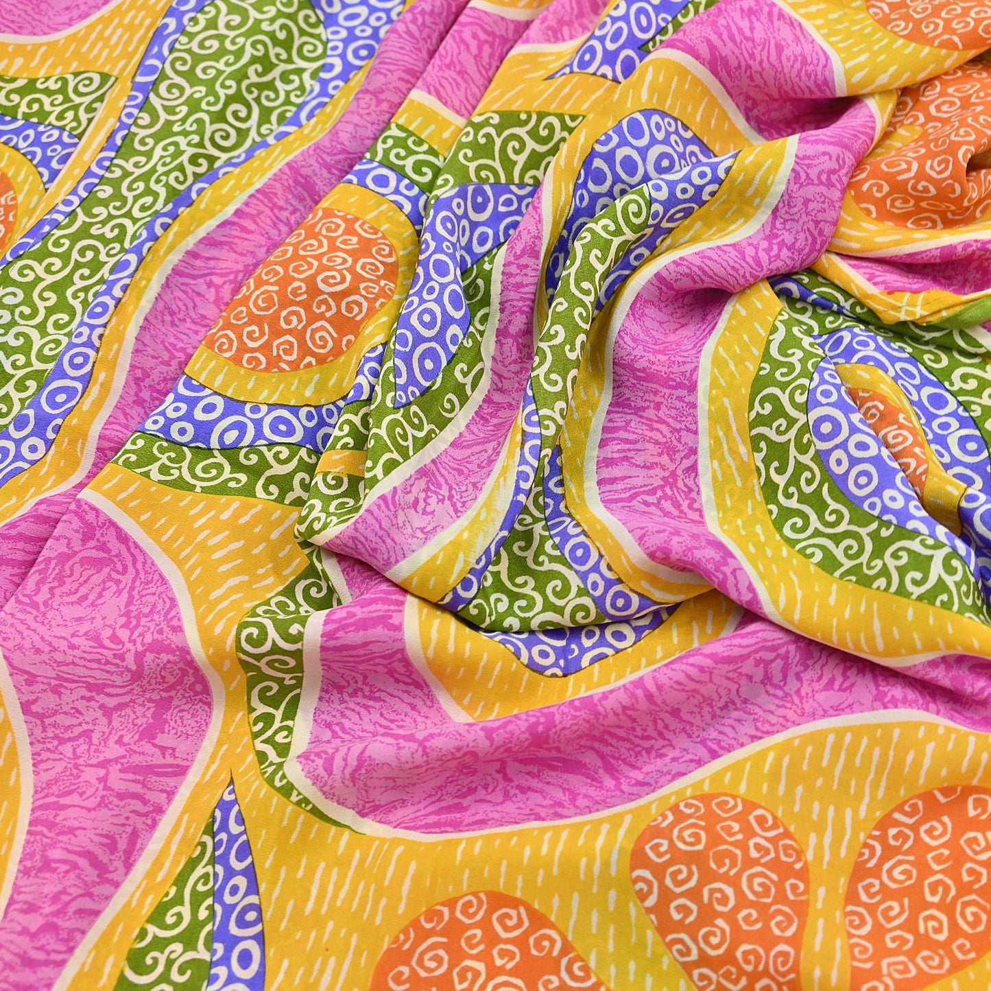 Indian Vintage Pink & Yellow Pure Crepe Silk Saree Floral Print 5 Yards Soft Sewing Fabric for Dressmaking, Quilting, Crafting Upcycling