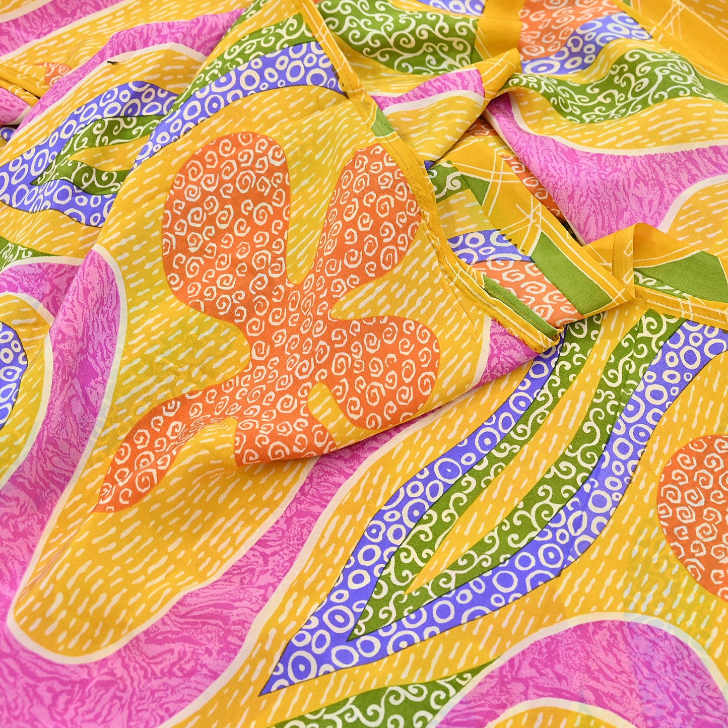 Indian Vintage Pink & Yellow Pure Crepe Silk Saree Floral Print 5 Yards Soft Sewing Fabric for Dressmaking, Quilting, Crafting Upcycling