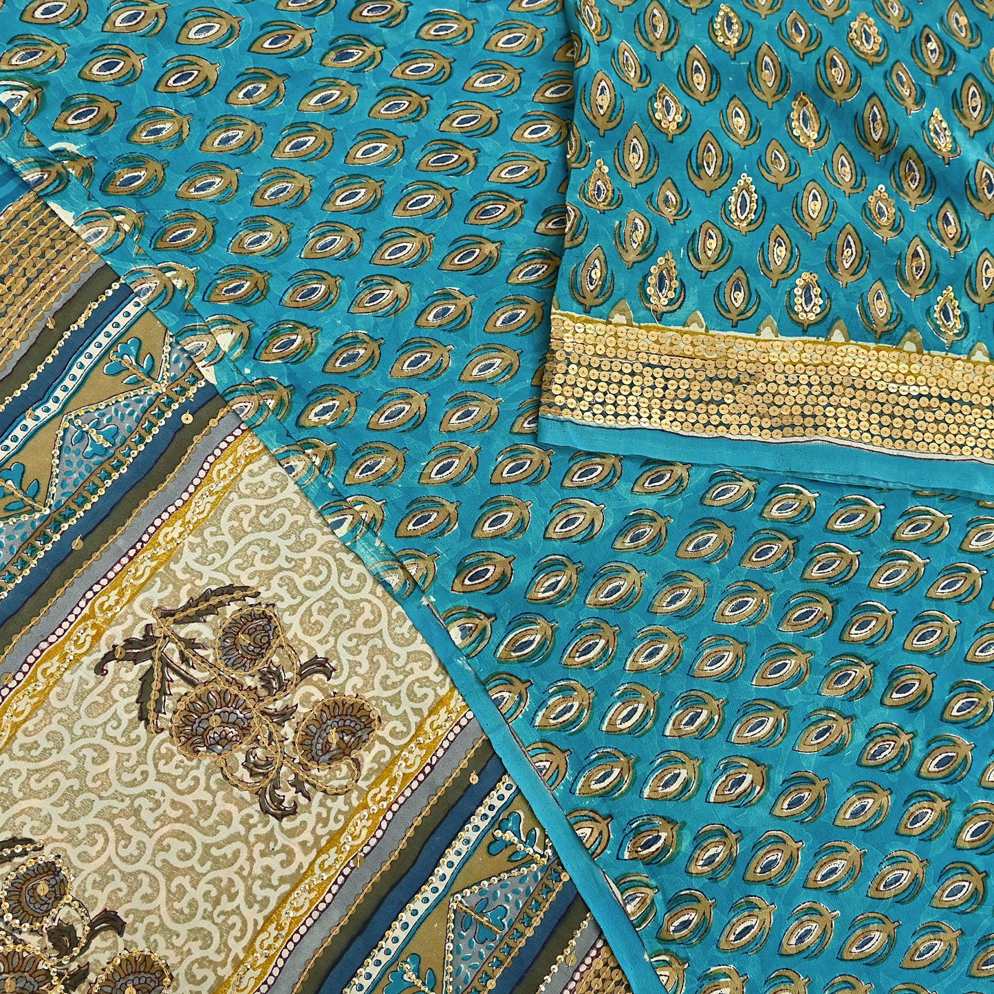 Vintage Turquoise Pure Crepe Silk Saree Hand Embroidered Floral Fabric 5Yds Indian Dressmaking, Quilting Craft Material