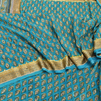 Vintage Turquoise Pure Crepe Silk Saree Hand Embroidered Floral Fabric 5Yds Indian Dressmaking, Quilting Craft Material