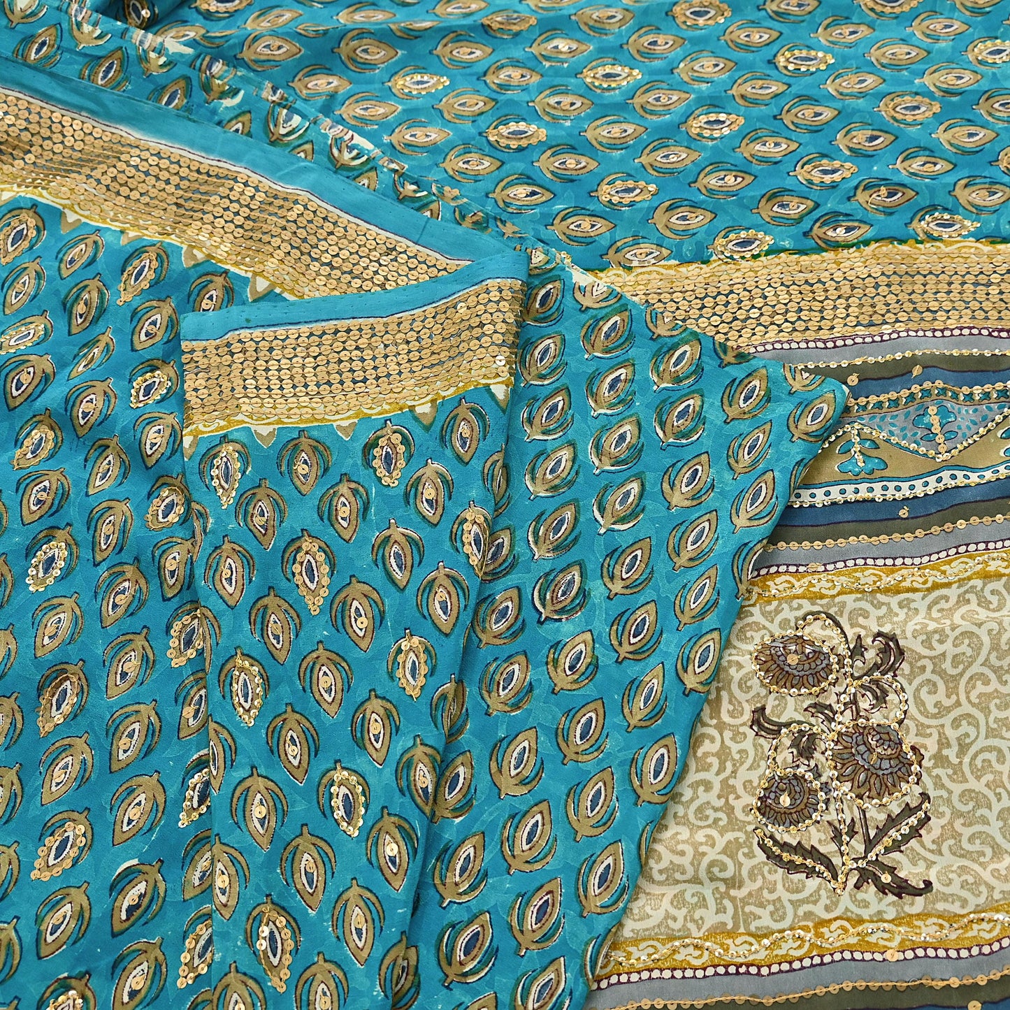 Vintage Turquoise Pure Crepe Silk Saree Hand Embroidered Floral Fabric 5Yds Indian Dressmaking, Quilting Craft Material