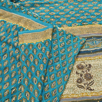 Vintage Turquoise Pure Crepe Silk Saree Hand Embroidered Floral Fabric 5Yds Indian Dressmaking, Quilting Craft Material