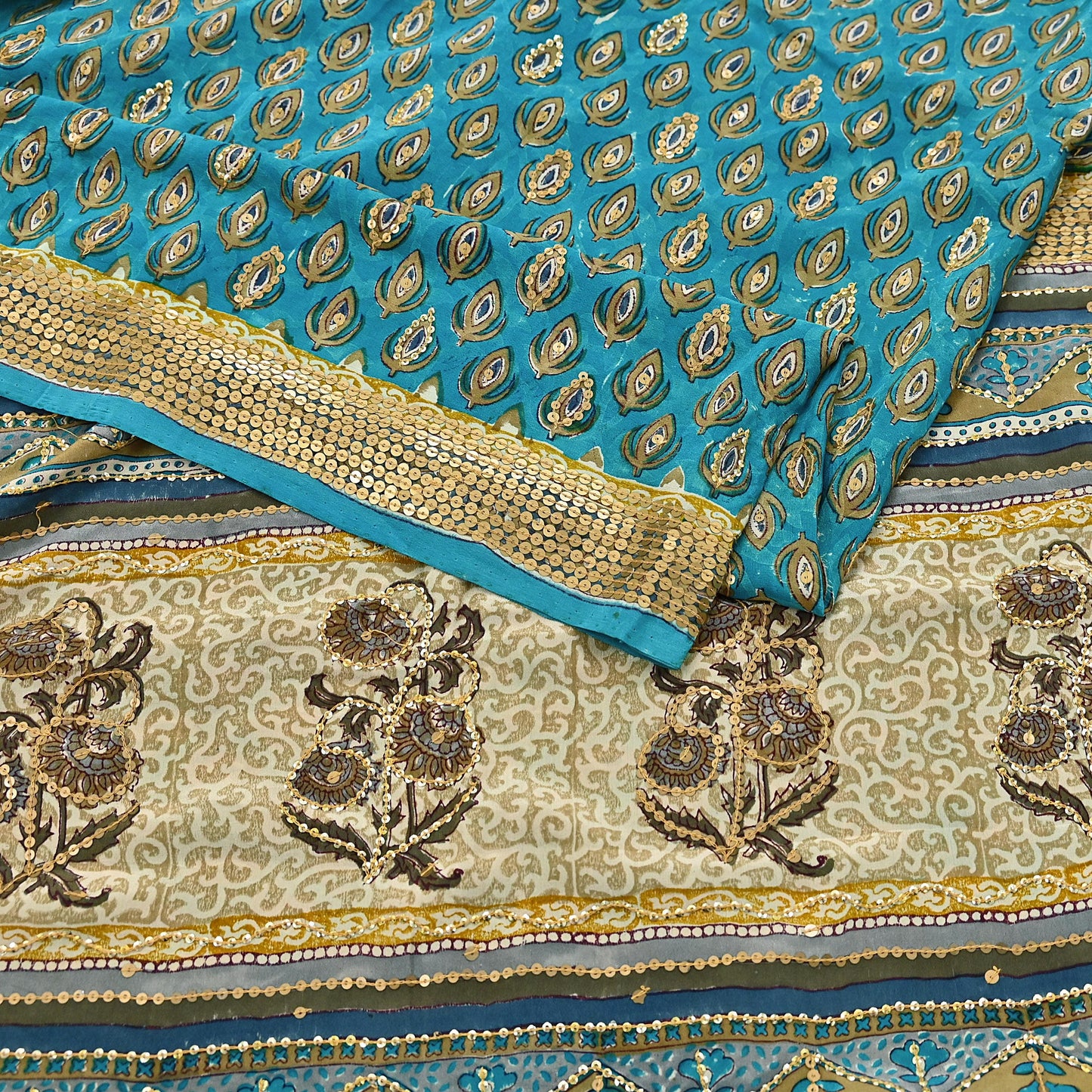 Vintage Turquoise Pure Crepe Silk Saree Hand Embroidered Floral Fabric 5Yds Indian Dressmaking, Quilting Craft Material