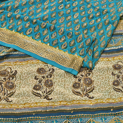 Vintage Turquoise Pure Crepe Silk Saree Hand Embroidered Floral Fabric 5Yds Indian Dressmaking, Quilting Craft Material