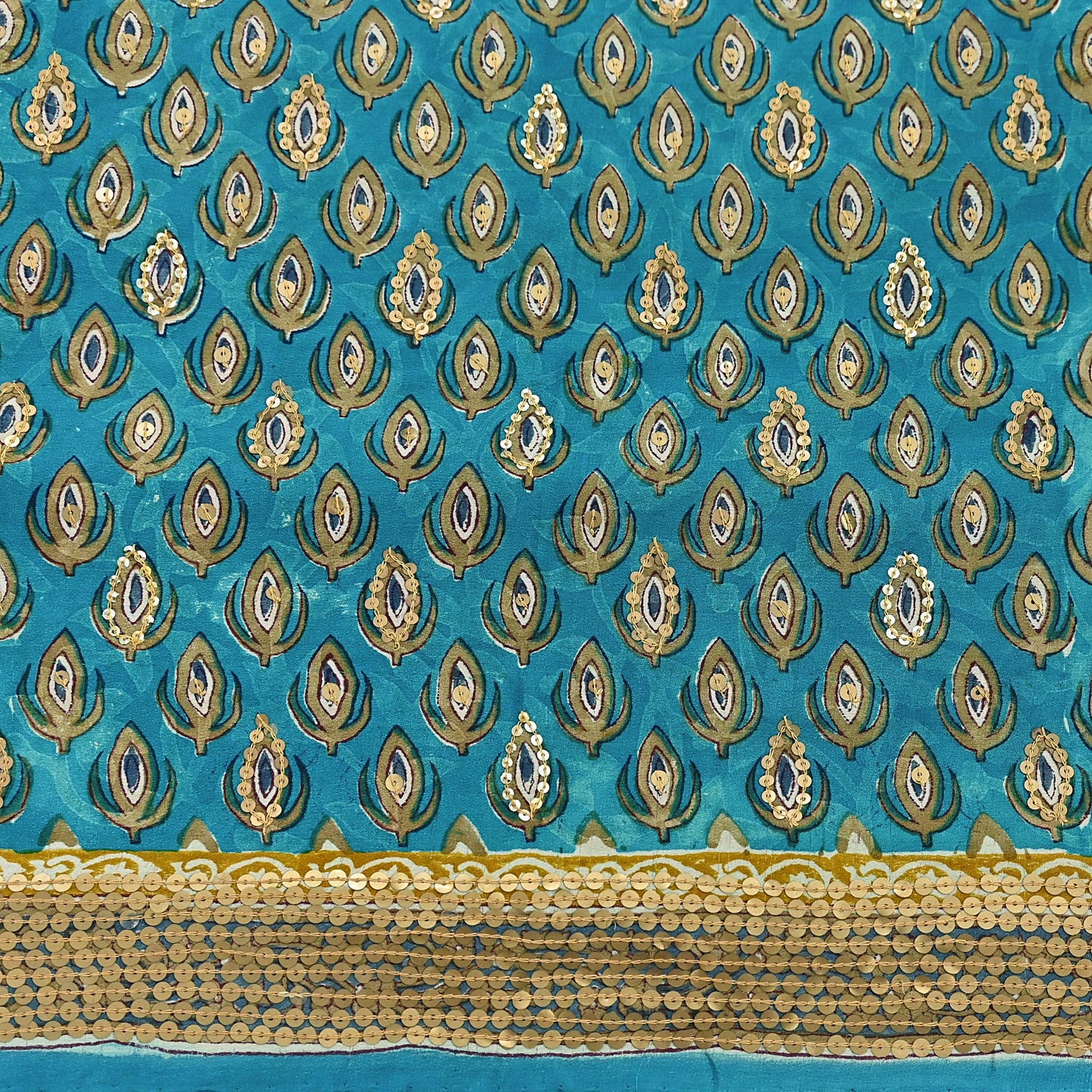 Vintage Turquoise Pure Crepe Silk Saree Hand Embroidered Floral Fabric 5Yds Indian Dressmaking, Quilting Craft Material