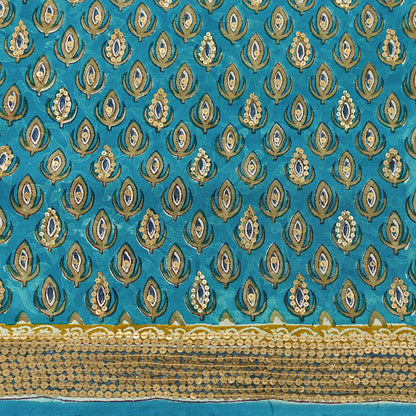 Vintage Turquoise Pure Crepe Silk Saree Hand Embroidered Floral Fabric 5Yds Indian Dressmaking, Quilting Craft Material