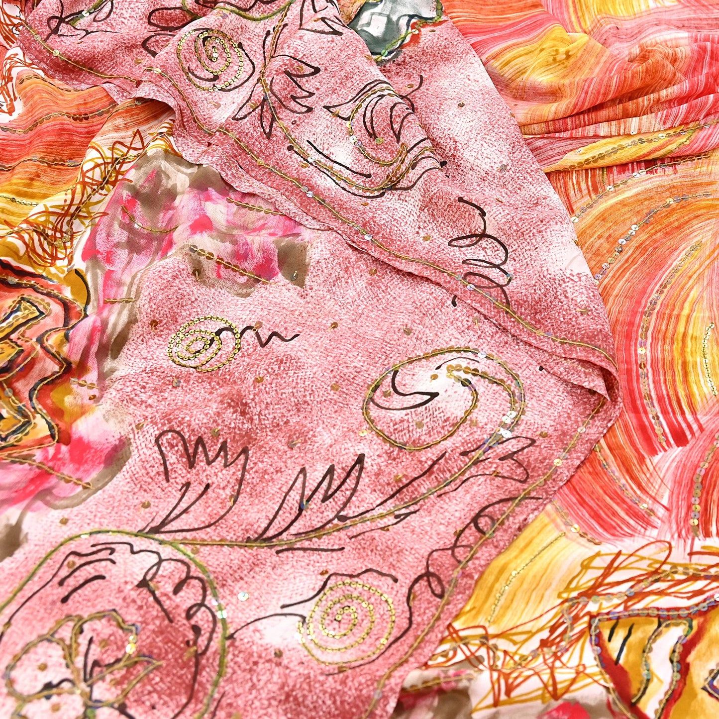 Vintage Multi Pure Crepe Silk Saree Hand Embroidered Floral Fabric 6Yds Indian Dressmaking, Quilting Craft Material