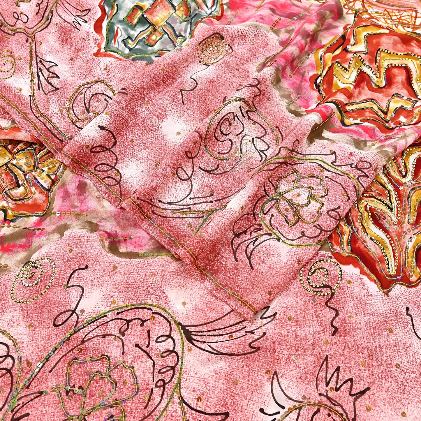 Vintage Multi Pure Crepe Silk Saree Hand Embroidered Floral Fabric 6Yds Indian Dressmaking, Quilting Craft Material