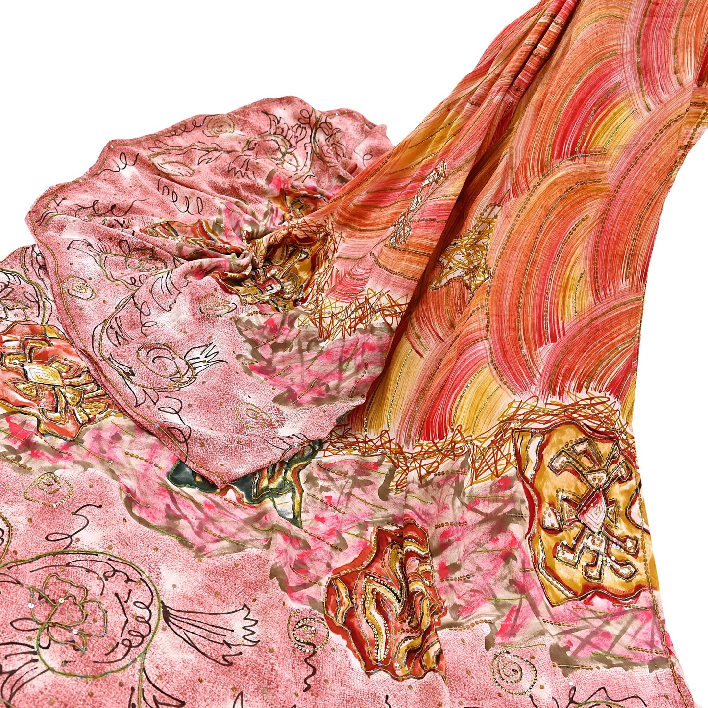 Vintage Multi Pure Crepe Silk Saree Hand Embroidered Floral Fabric 6Yds Indian Dressmaking, Quilting Craft Material