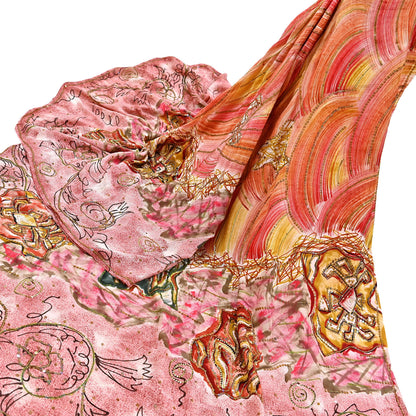 Vintage Multi Pure Crepe Silk Saree Hand Embroidered Floral Fabric 6Yds Indian Dressmaking, Quilting Craft Material