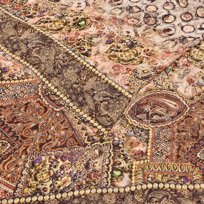 Women Vintage Sari Beige & Black Pure Georgette Silk Digital Printed Saree Craft Fabric Sewing 5Yd Light Dress Making Geometric Crafting