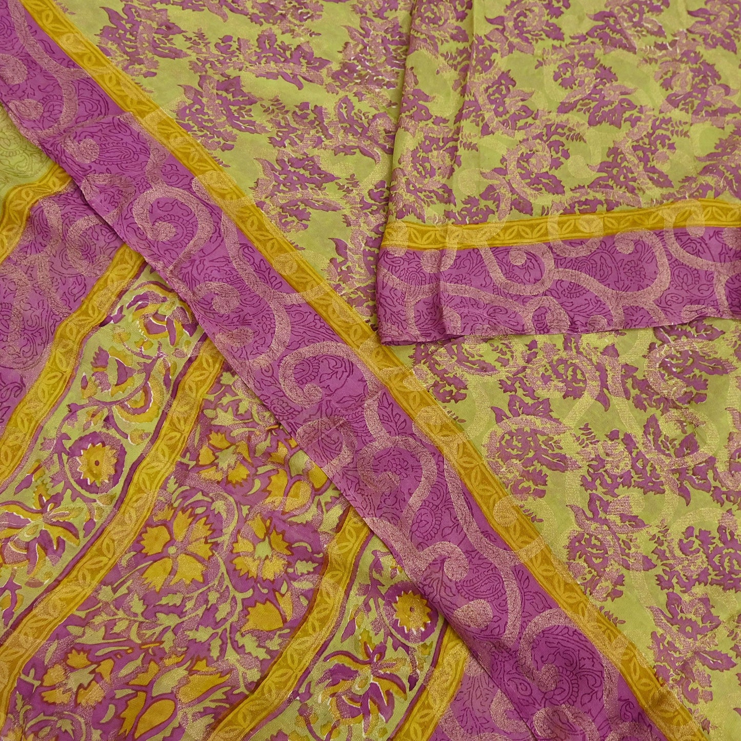 Women Vintage Sari Green & Purple 100% Pure Georgette Silk Printed Saree Craft Fabric Sewing 5Yd Soft Sari Dress Making Crafting Quilting