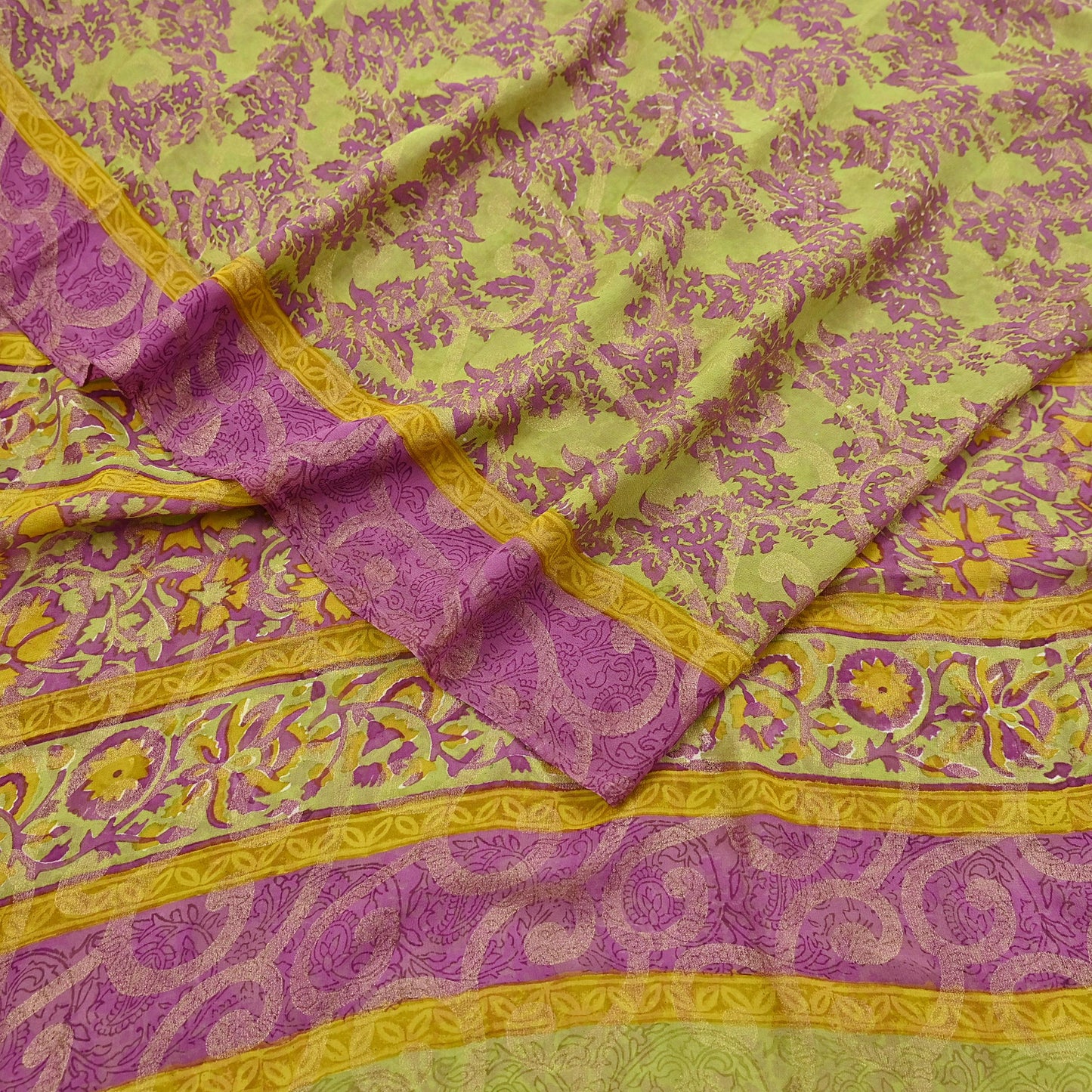 Women Vintage Sari Green & Purple 100% Pure Georgette Silk Printed Saree Craft Fabric Sewing 5Yd Soft Sari Dress Making Crafting Quilting