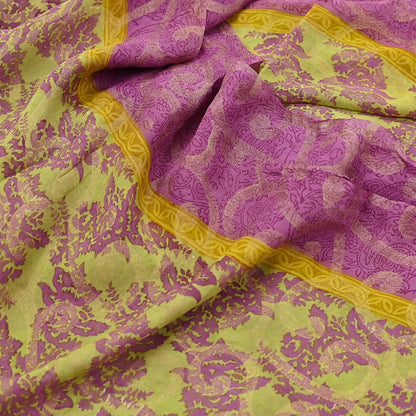 Women Vintage Sari Green & Purple 100% Pure Georgette Silk Printed Saree Craft Fabric Sewing 5Yd Soft Sari Dress Making Crafting Quilting