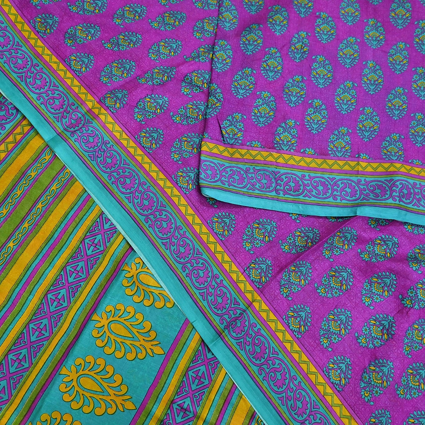 Indian Vintage Sari Green & Purple 100% Pure Silk Printed Sarees 5yd Craft Fabric Sewing Soft Dress Making Floral Quilting Crafting Upcycle