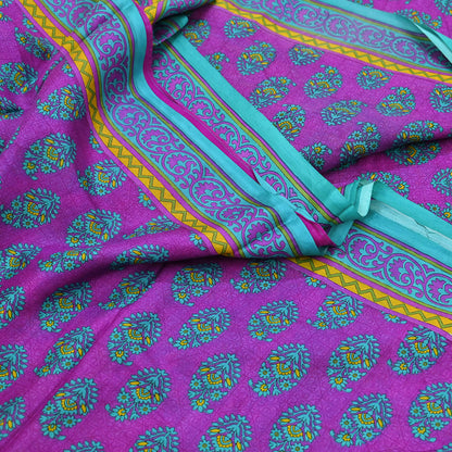 Indian Vintage Sari Green & Purple 100% Pure Silk Printed Sarees 5yd Craft Fabric Sewing Soft Dress Making Floral Quilting Crafting Upcycle