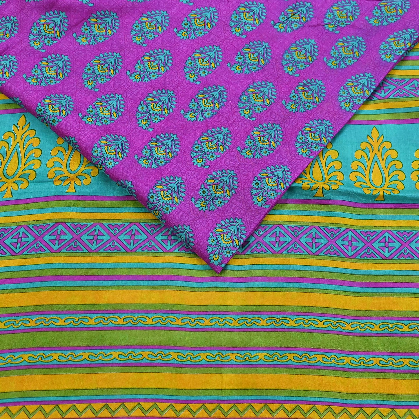 Indian Vintage Sari Green & Purple 100% Pure Silk Printed Sarees 5yd Craft Fabric Sewing Soft Dress Making Floral Quilting Crafting Upcycle