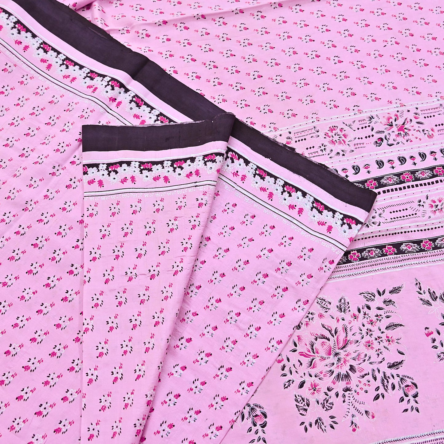 Indian Vintage Pink Pure Silk Printed Saree 5 Yards Soft Floral Fabric for Dressmaking, Quilting, Crafting, Sewing & Upcycling