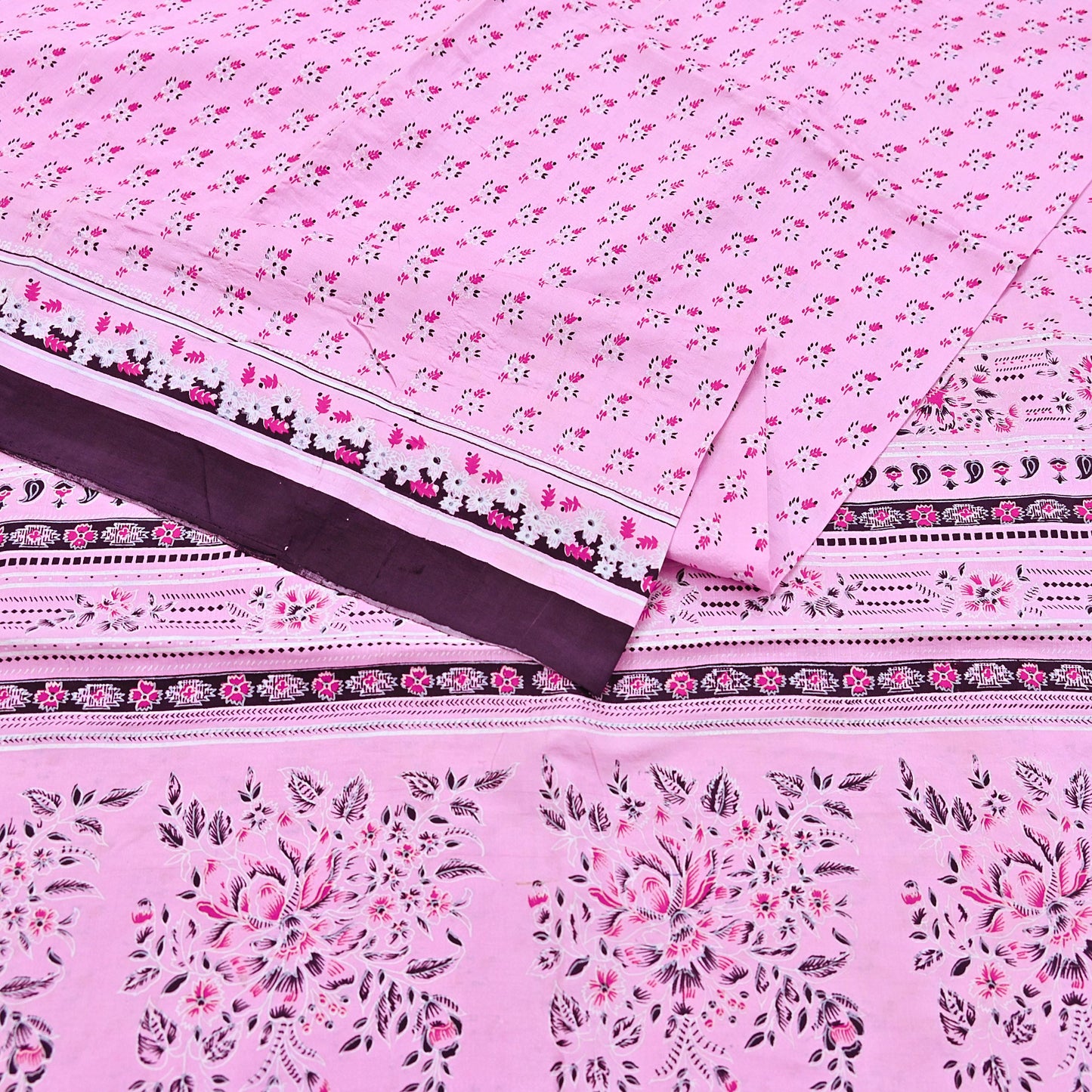 Indian Vintage Pink Pure Silk Printed Saree 5 Yards Soft Floral Fabric for Dressmaking, Quilting, Crafting, Sewing & Upcycling