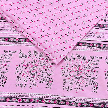 Indian Vintage Pink Pure Silk Printed Saree 5 Yards Soft Floral Fabric for Dressmaking, Quilting, Crafting, Sewing & Upcycling