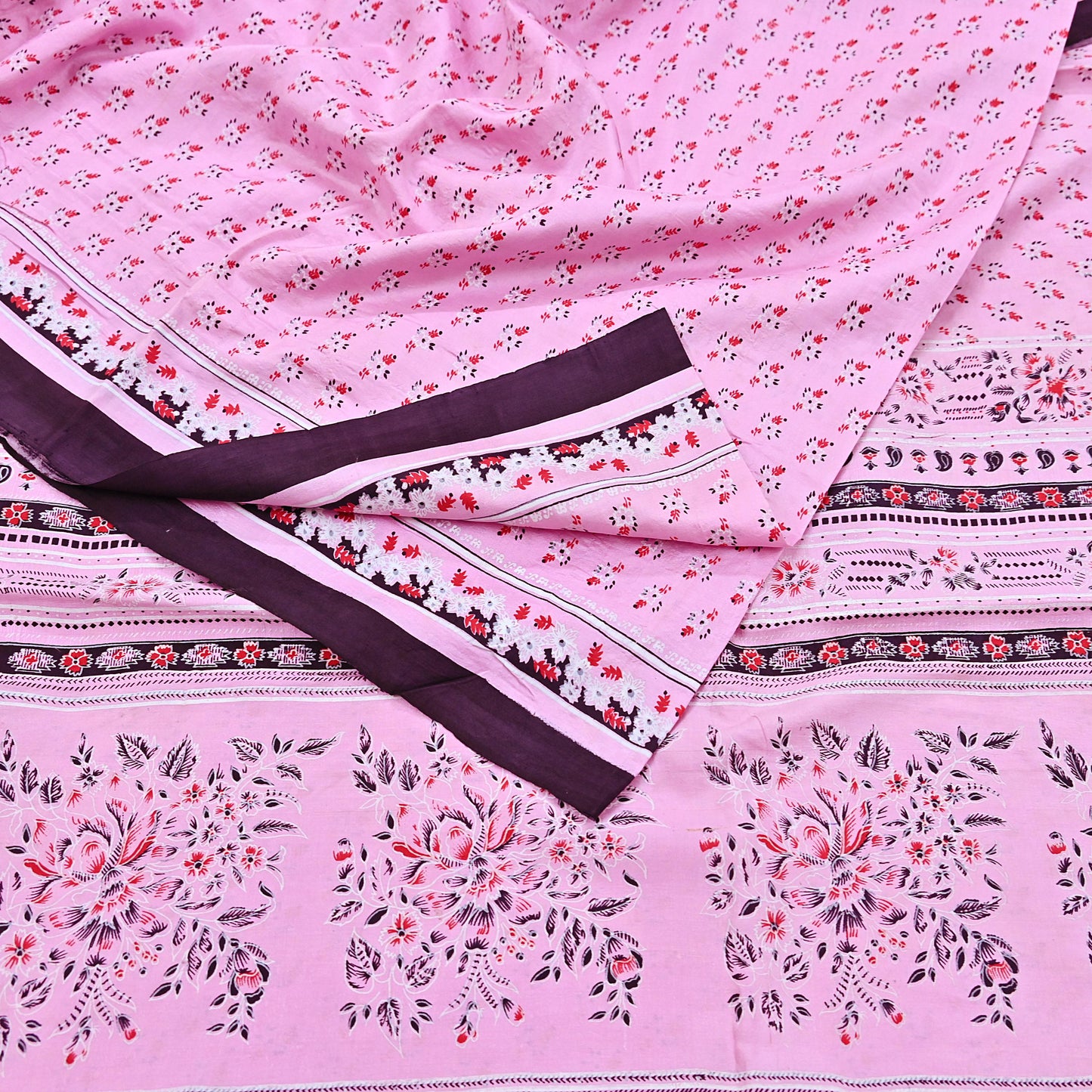 Indian Vintage Pink Pure Silk Printed Saree 5 Yards Soft Floral Fabric for Dressmaking, Quilting, Crafting, Sewing & Upcycling