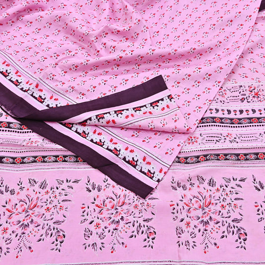 Indian Vintage Pink Pure Silk Printed Saree 5 Yards Soft Floral Fabric for Dressmaking, Quilting, Crafting, Sewing & Upcycling
