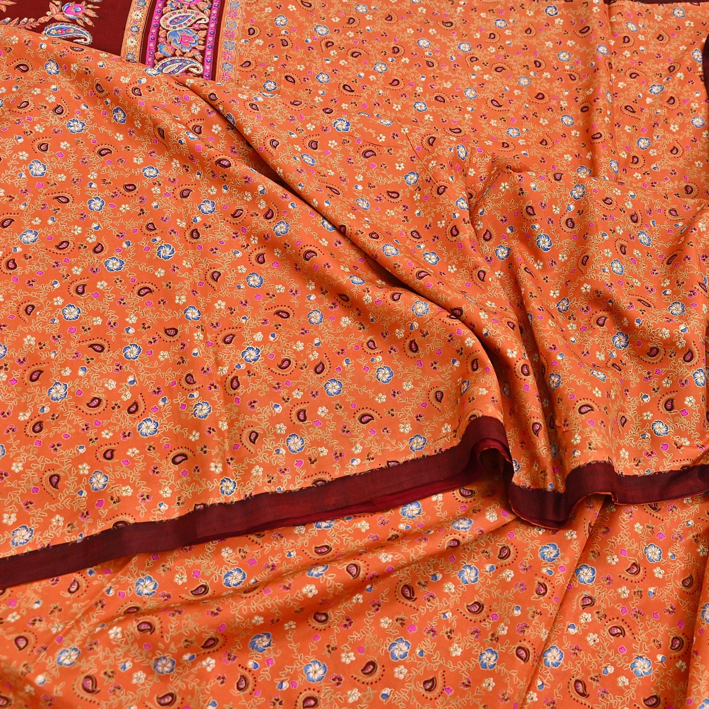 Indian Vintage Sari Orange 100% Pure Silk Printed Saree Craft Fabric 6yd Sewing Dress Making Soft Wrap Paisley Quilting Crafting Upcycle