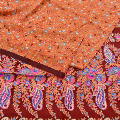 Indian Vintage Sari Orange 100% Pure Silk Printed Saree Craft Fabric 6yd Sewing Dress Making Soft Wrap Paisley Quilting Crafting Upcycle
