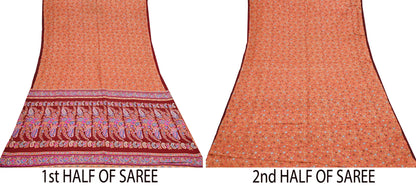 Indian Vintage Sari Orange 100% Pure Silk Printed Saree Craft Fabric 6yd Sewing Dress Making Soft Wrap Paisley Quilting Crafting Upcycle