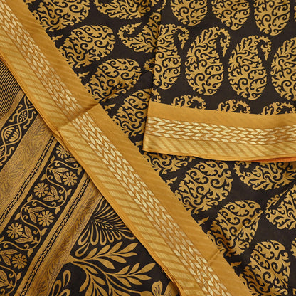 Indian Vintage Sari Black Printed Pure Silk Sarees Craft Fabric 5yd Sewing Soft Dress Designing  for Crafting Quilting Upcycle Wrap Zari