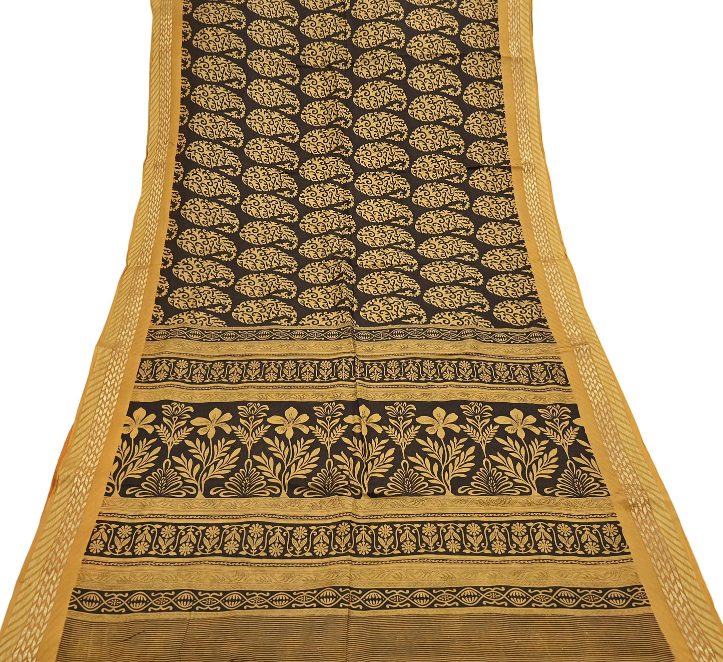 Indian Vintage Sari Black Printed Pure Silk Sarees Craft Fabric 5yd Sewing Soft Dress Designing  for Crafting Quilting Upcycle Wrap Zari