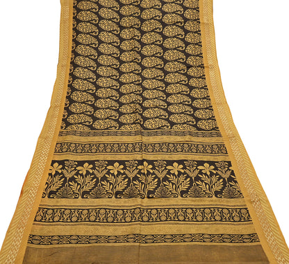 Indian Vintage Sari Black Printed Pure Silk Sarees Craft Fabric 5yd Sewing Soft Dress Designing  for Crafting Quilting Upcycle Wrap Zari