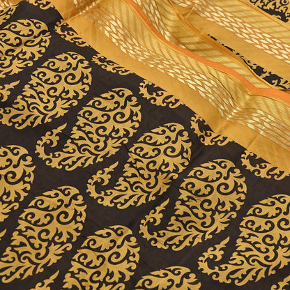 Indian Vintage Sari Black Printed Pure Silk Sarees Craft Fabric 5yd Sewing Soft Dress Designing  for Crafting Quilting Upcycle Wrap Zari