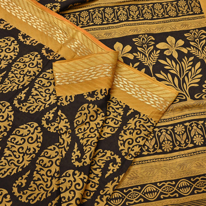 Indian Vintage Sari Black Printed Pure Silk Sarees Craft Fabric 5yd Sewing Soft Dress Designing  for Crafting Quilting Upcycle Wrap Zari