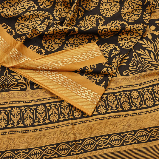 Indian Vintage Sari Black Printed Pure Silk Sarees Craft Fabric 5yd Sewing Soft Dress Designing  for Crafting Quilting Upcycle Wrap Zari
