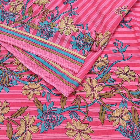 Indian Vintage Sari Pink Printed Pure Cotton Saree Craft Fabric 5Yd Soft Sewing Sarong Wrap Boho Floral Dress making Crafting