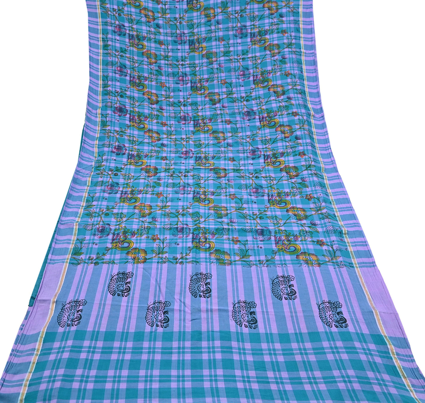 Indian Vintage Sari Green & Purple Printed 100% Pure Cotton Sarees Craft Fabric 5Yd Sewing Sarong Wrap Boho Quilting Crafting zari border