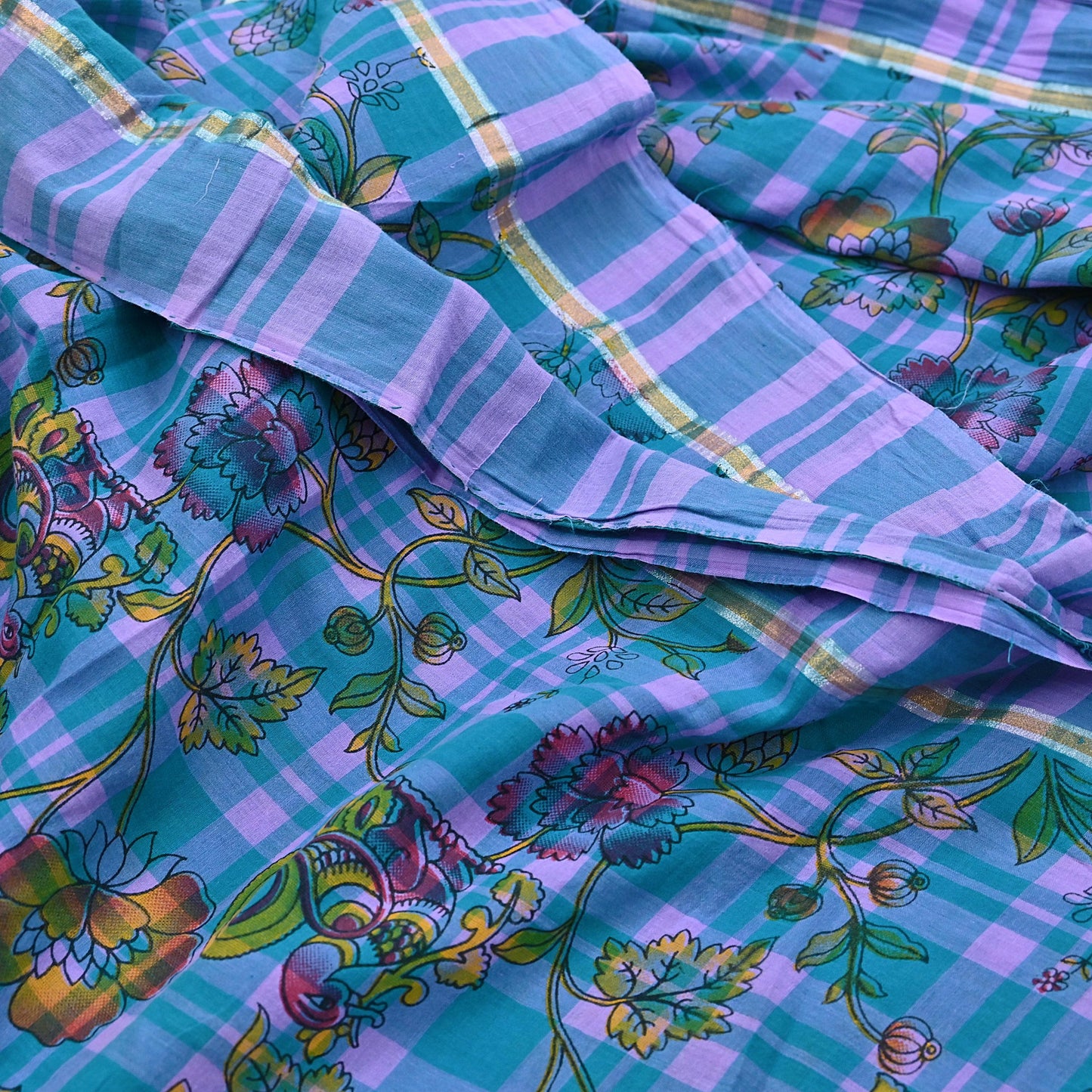 Indian Vintage Sari Green & Purple Printed 100% Pure Cotton Sarees Craft Fabric 5Yd Sewing Sarong Wrap Boho Quilting Crafting zari border