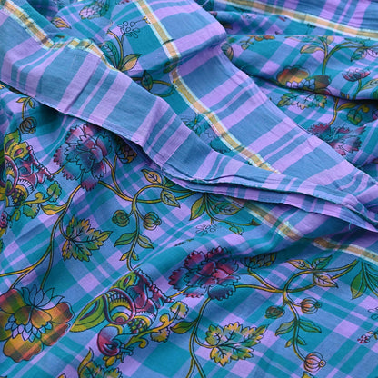 Indian Vintage Sari Green & Purple Printed 100% Pure Cotton Sarees Craft Fabric 5Yd Sewing Sarong Wrap Boho Quilting Crafting zari border