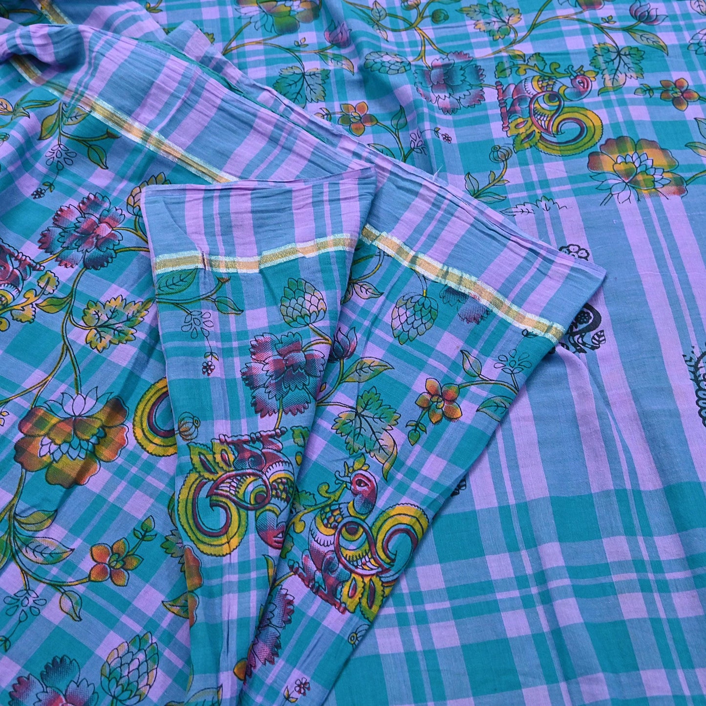 Indian Vintage Sari Green & Purple Printed 100% Pure Cotton Sarees Craft Fabric 5Yd Sewing Sarong Wrap Boho Quilting Crafting zari border